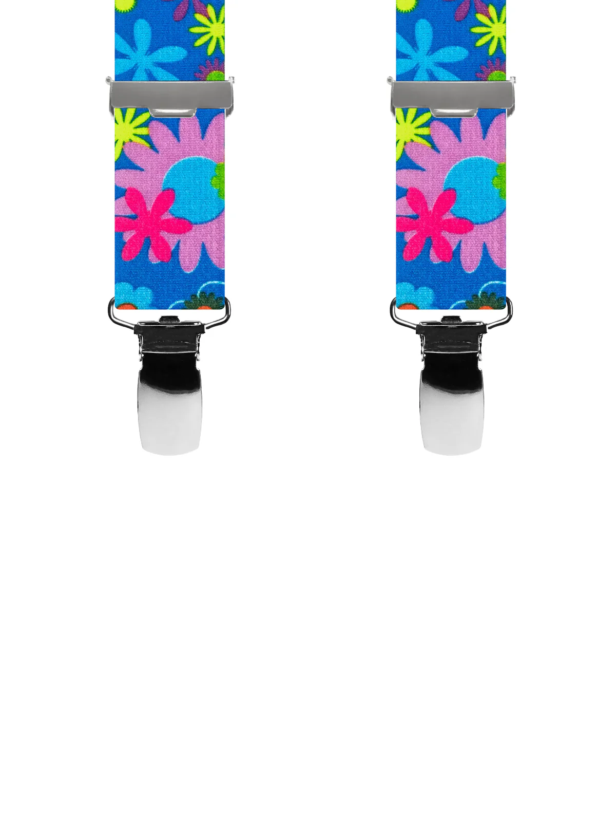 Vue avant - Bretelles enfant 3 pinces dos cuir Fleurs et Pois Bleu Foncé 80 cm